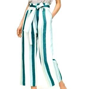 J.CREW Womens 0 100% Linen Wide Leg Paperbag Pants White Teal Jade Cabana Stripe